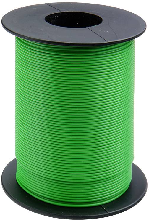 Bobine de fil vert en plastique, enroulée sur un rouleau noir en plastique.