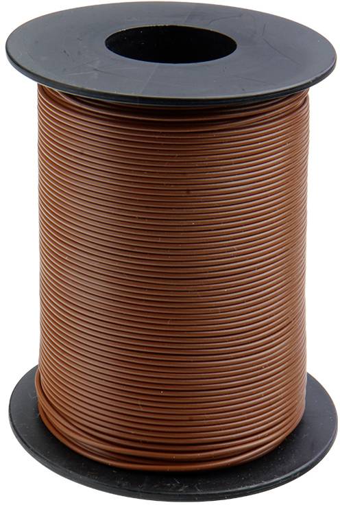 Un grand rouleau de fil marron, debout, avec un noyau et un dessus en plastique noir.