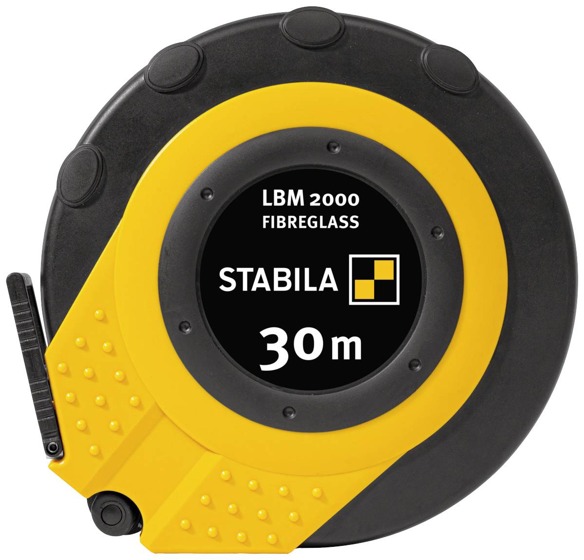 Un mètre ruban jaune Stabila de 30 m, modèle LBM 2000 Fibreglass, sur un support rond noir.