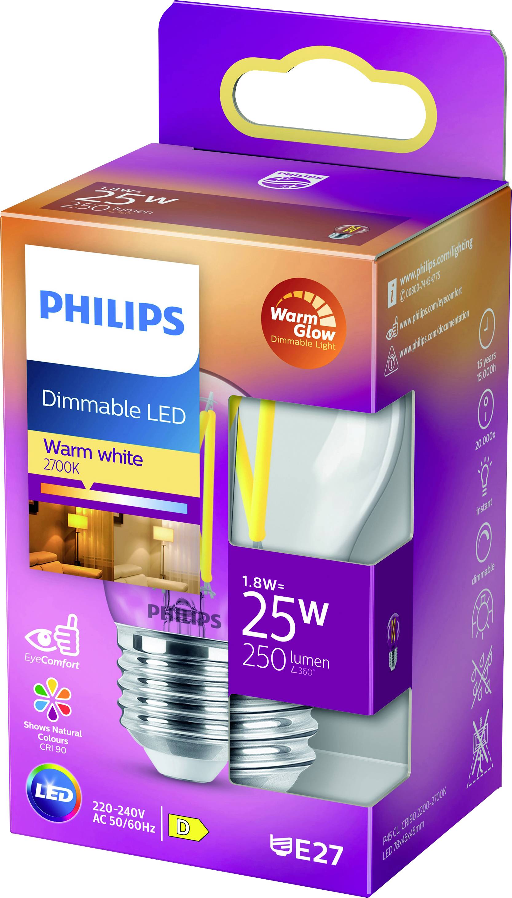 Philips LED 871951432419000 LED CEE D (A - G) E27 forme de goutte 2.5 W = 25 W blanc chaud (Ø x L) 45 mm x 78 mm 1 pc(s)