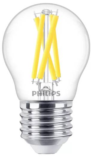 Une ampoule LED transparente avec des filaments jaunes visibles et une base argentée, portant la marque 'Philips'.