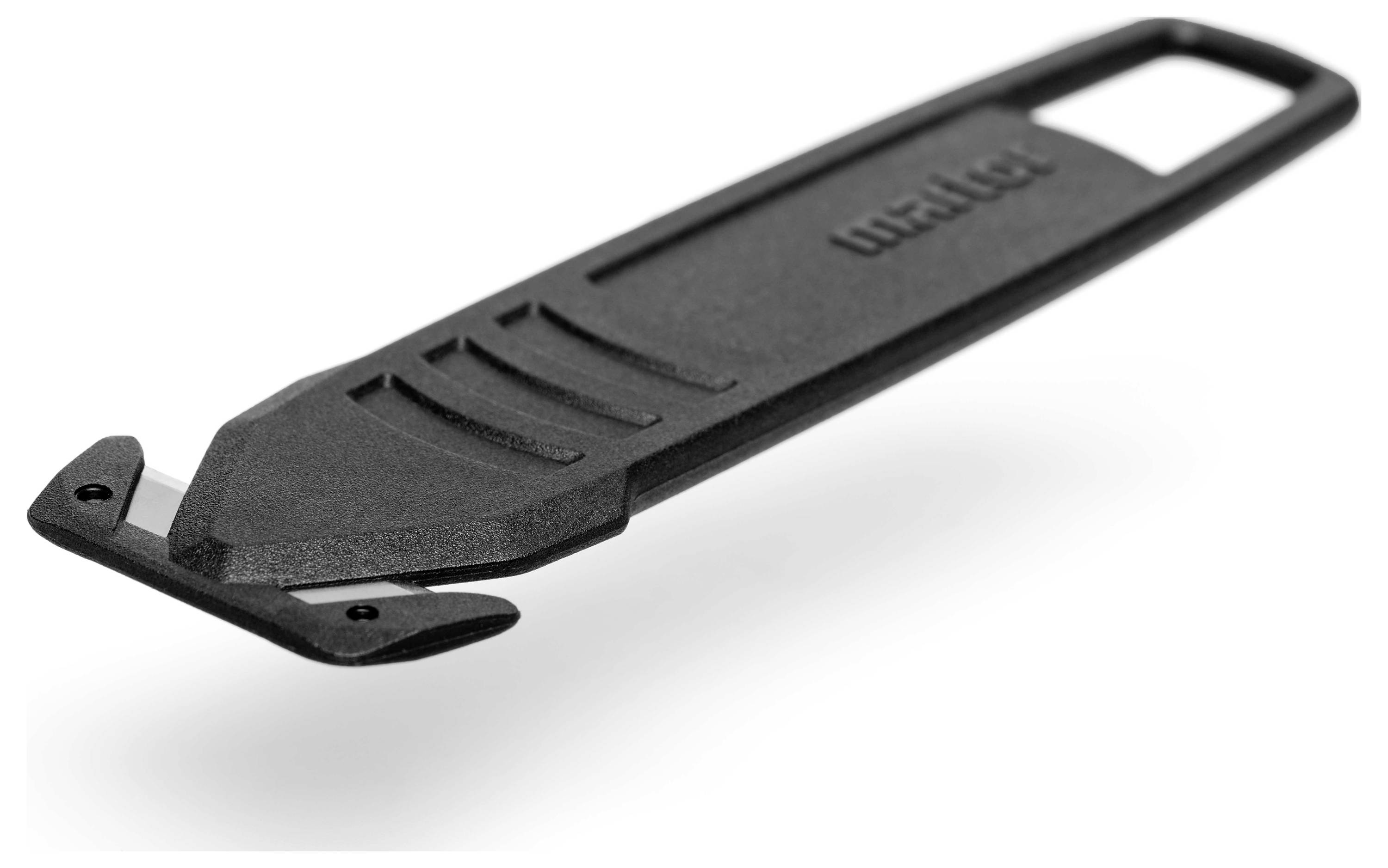 Un démonte-pneu noir en plastique, plat et allongé, avec une extrémité incurvée pour soulever les pneus de vélo.