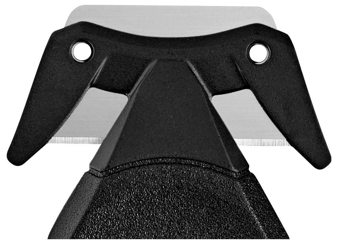 Rasoir noir avec deux poignées latérales et une lame de coupe argentée ; adapté pour les rasages ou les coupes de cheveux.