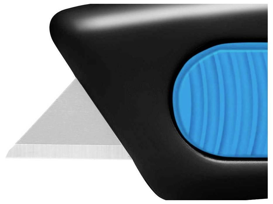 L'image montre un cutter avec un boîtier noir et un manche bleu. La lame est partiellement sortie.