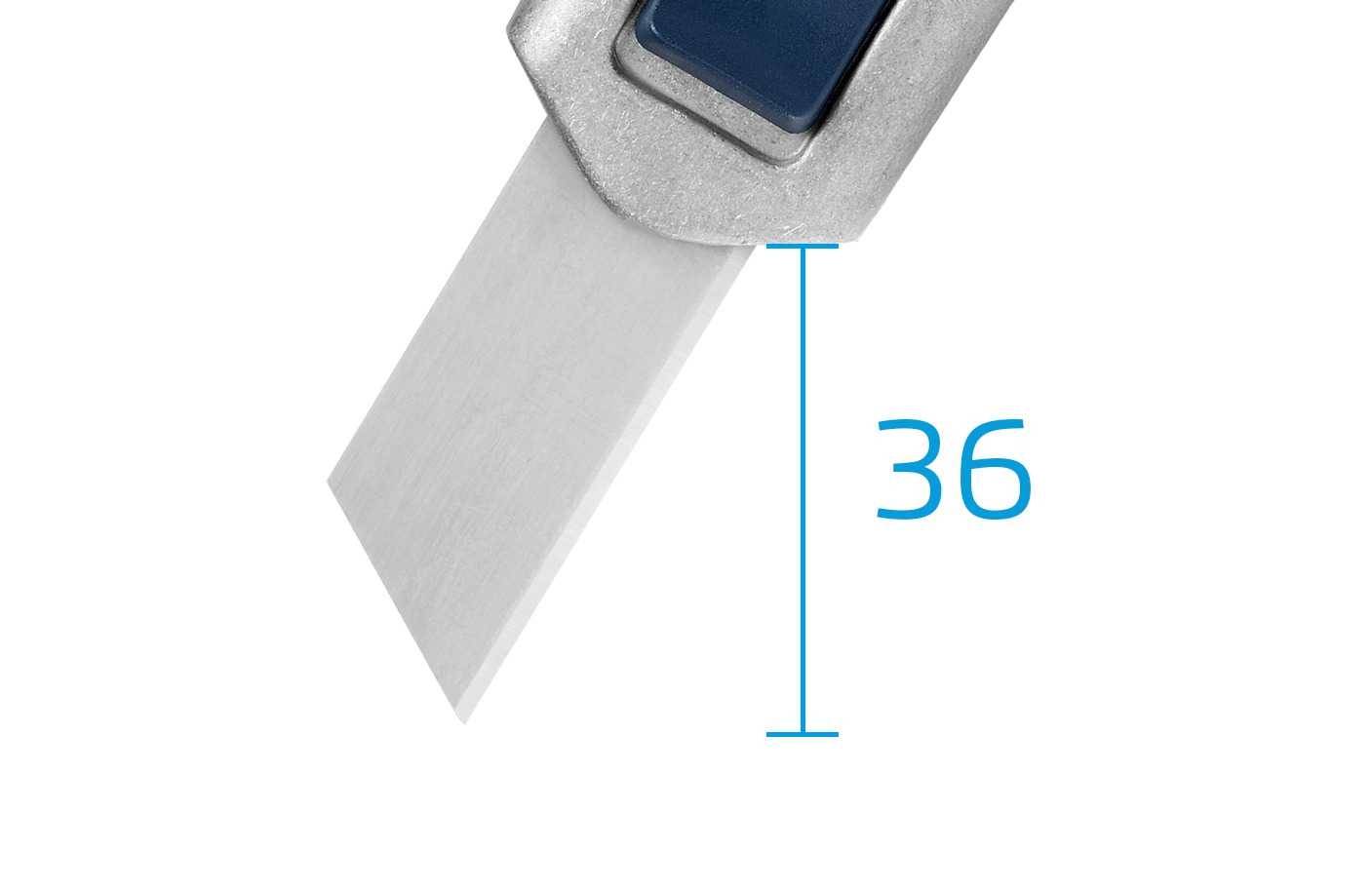 Un cutter avec une lame dépassant et le chiffre '36', probablement représentant la longueur de la lame en millimètres.