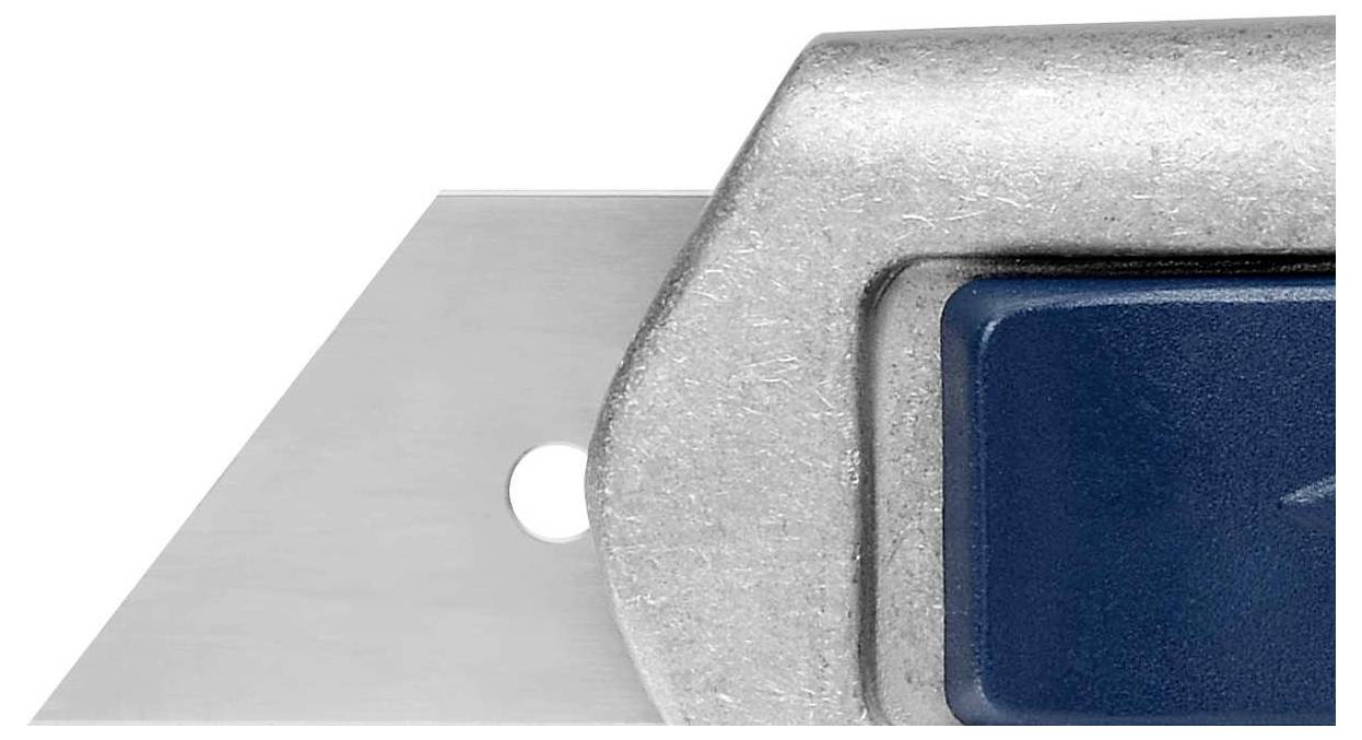 Coin d'un cutter avec une poignée bleue et une lame argentée.