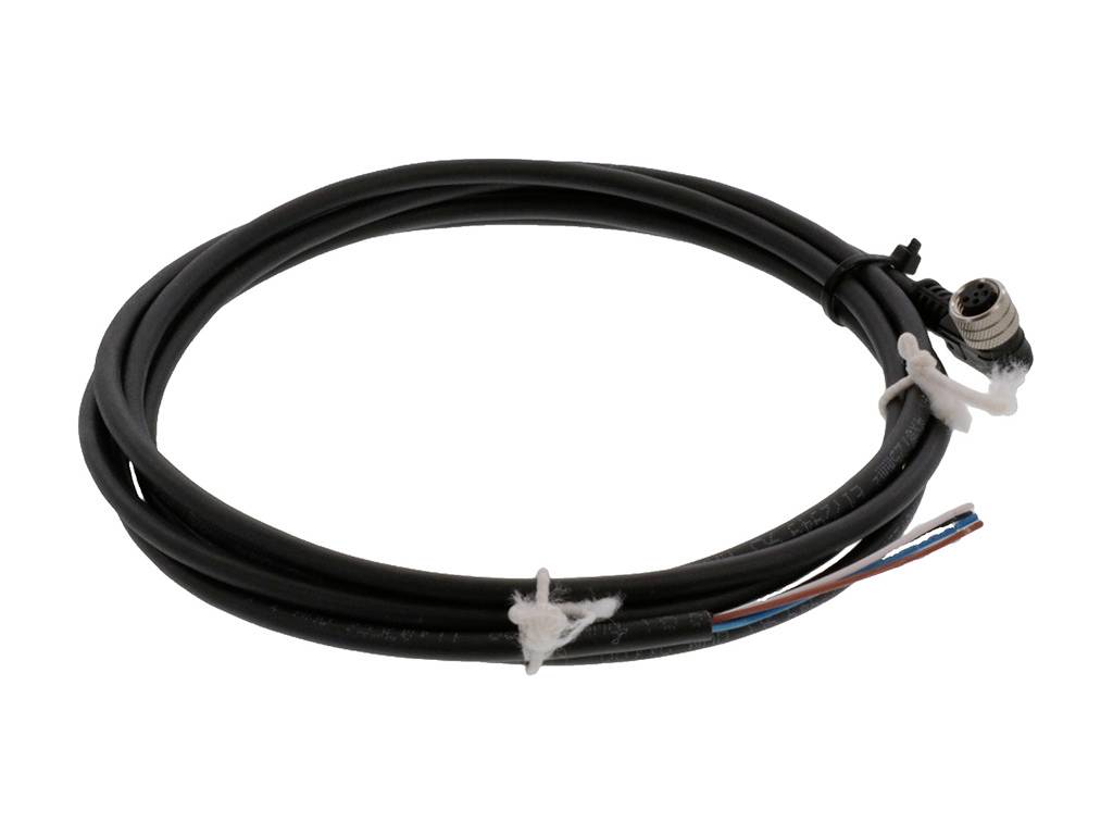 Un câble noir avec plusieurs paires de fils et un connecteur à une extrémité, enroulé et maintenu par des attaches de câble.