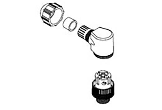 Éclaté d'un adaptateur de raccordement d'eau avec une vanne, un écrou de raccord et un joint. La partie supérieure se connecte au filetage inférieur.