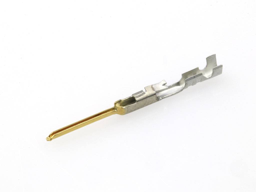 Une broche de contact métallique à pointe dorée, adaptée pour une utilisation dans les connexions enfichables des dispositifs électroniques.