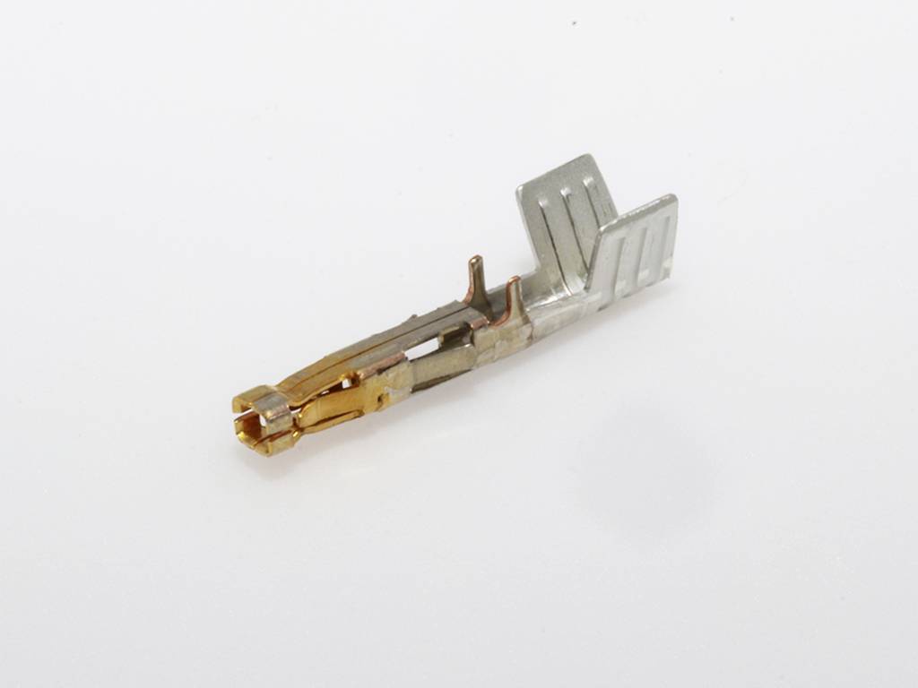 Un connecteur métallique, probablement un contact électrique, à la surface dorée et argentée, repose sur un fond blanc.