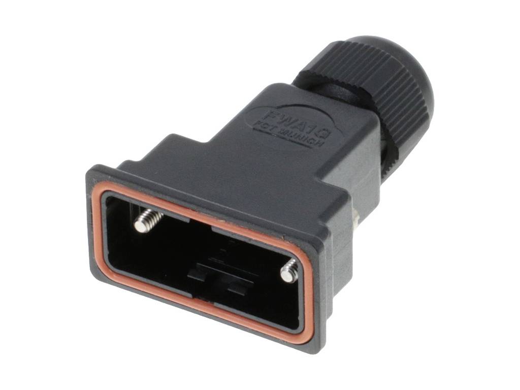 Un connecteur électrique noir de forme rectangulaire avec un joint d'étanchéité orange, probablement destiné à être utilisé dans des machines.