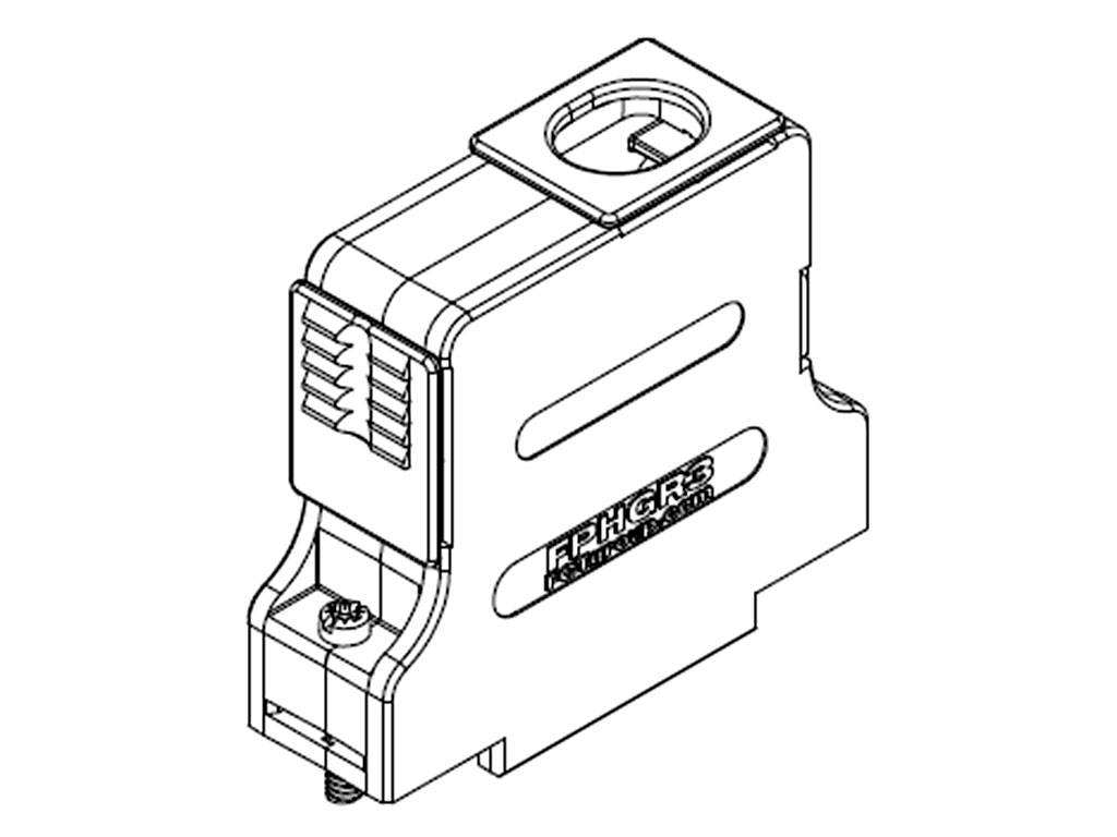 Dessin en noir et blanc d'un composant technique. Il présente une forme rectangulaire avec des ouvertures et des éléments circulaires sur sa surface supérieure.