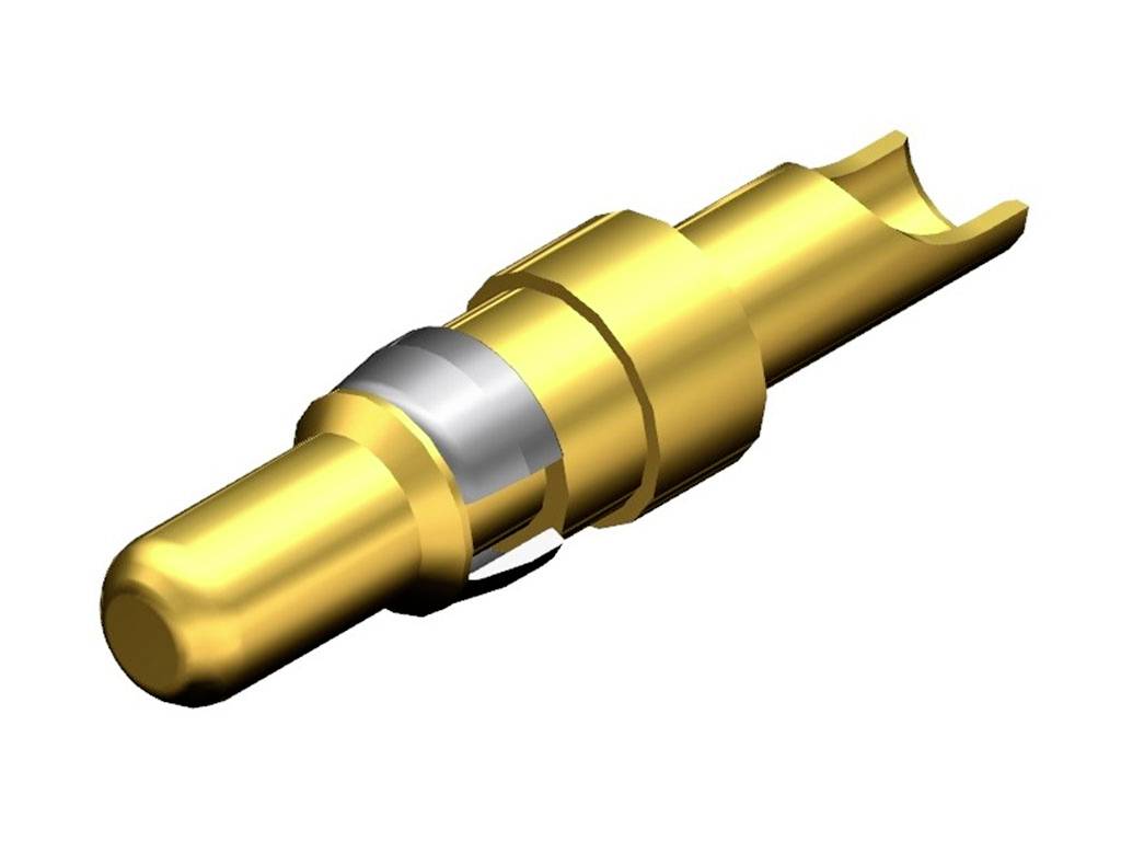 Un contact ou fiche électrique de couleur or, de forme cylindrique avec une section striée et une pointe lisse.