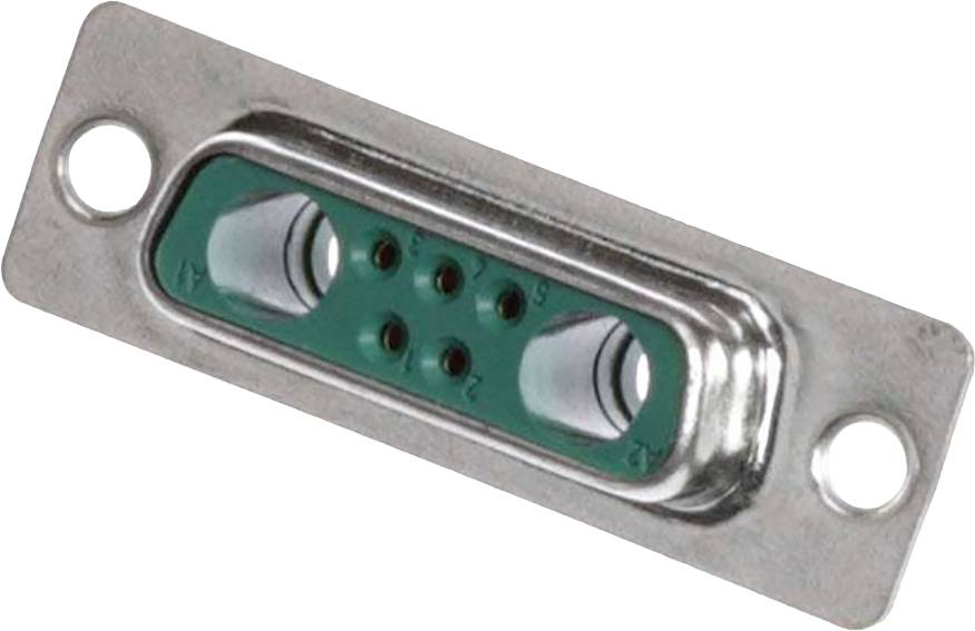 Un connecteur métallique avec un intérieur vert contenant plusieurs points de contact, monté sur une plaque rectangulaire munie de deux trous de vis.
