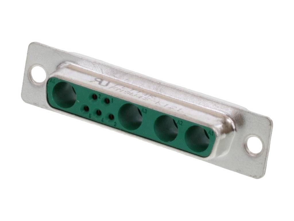 Rail métallique avec quatre trous ronds verts ; connexion électronique.