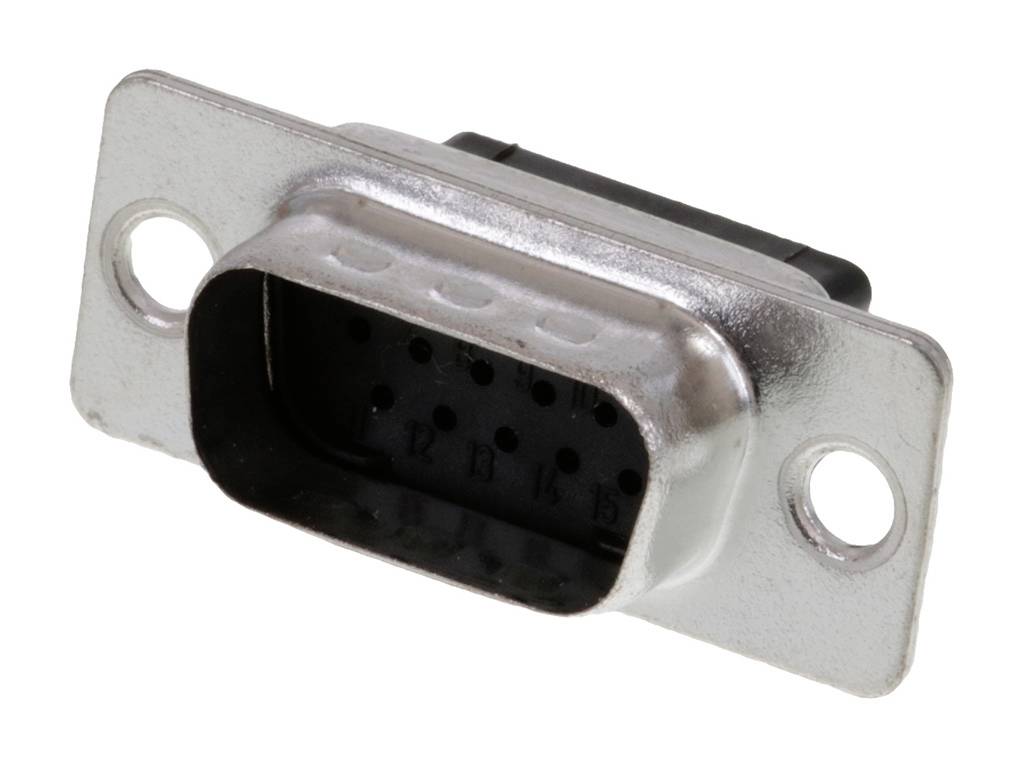 Connecteur à boîtier métallique avec plusieurs broches, adapté pour les connexions électroniques ou les interfaces d'appareils.