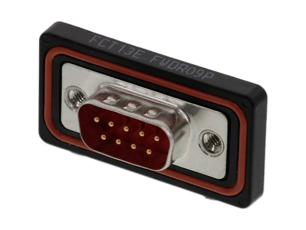 Connecteur rectangulaire à contacts métalliques, entouré d'une bordure noire et rouge, adapté aux connexions électriques.