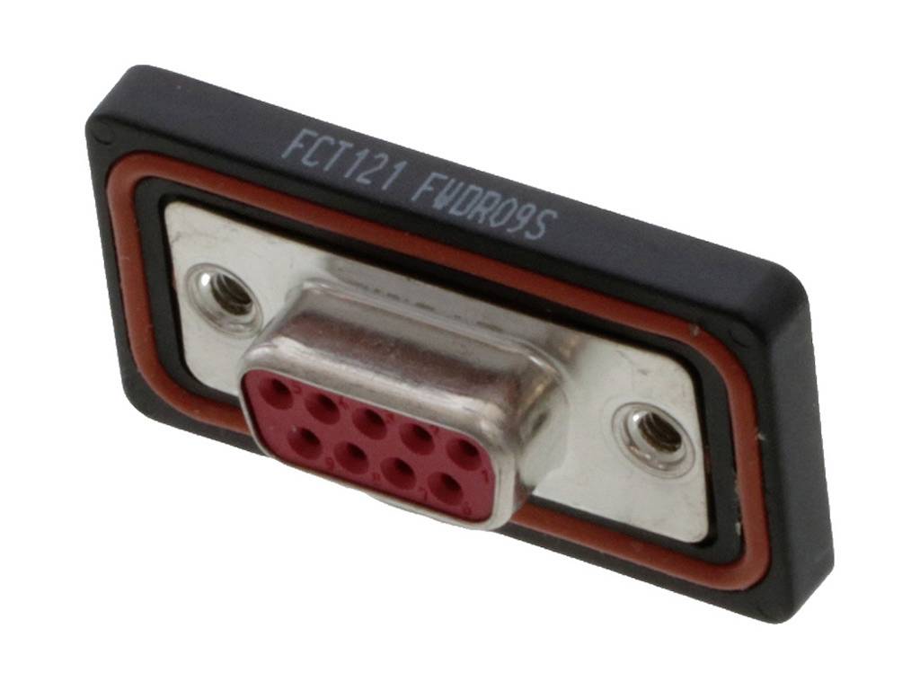 Un connecteur femelle rectangulaire à neuf broches, avec un boîtier rouge et noir, avec fixation latérale par vis.