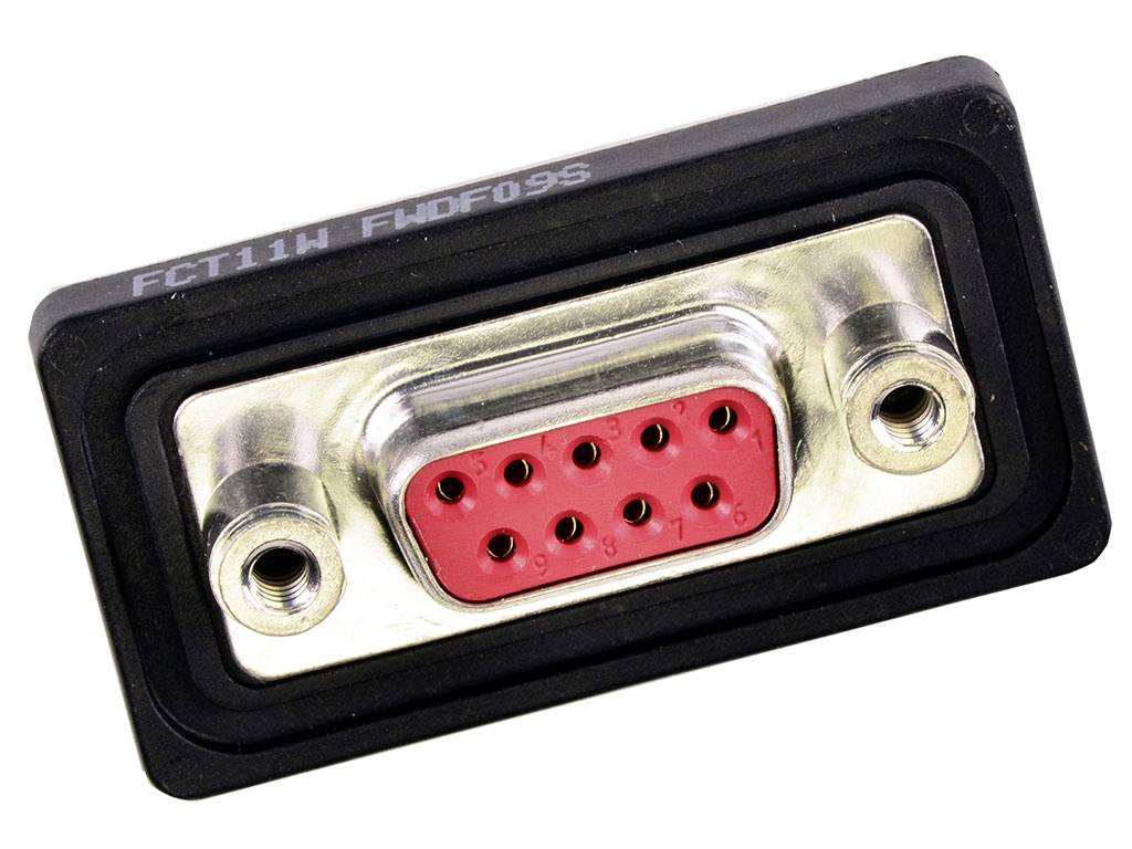 La figure montre un connecteur DB9 avec un cadre rectangulaire noir et neuf broches rouges dans un châssis métallique.