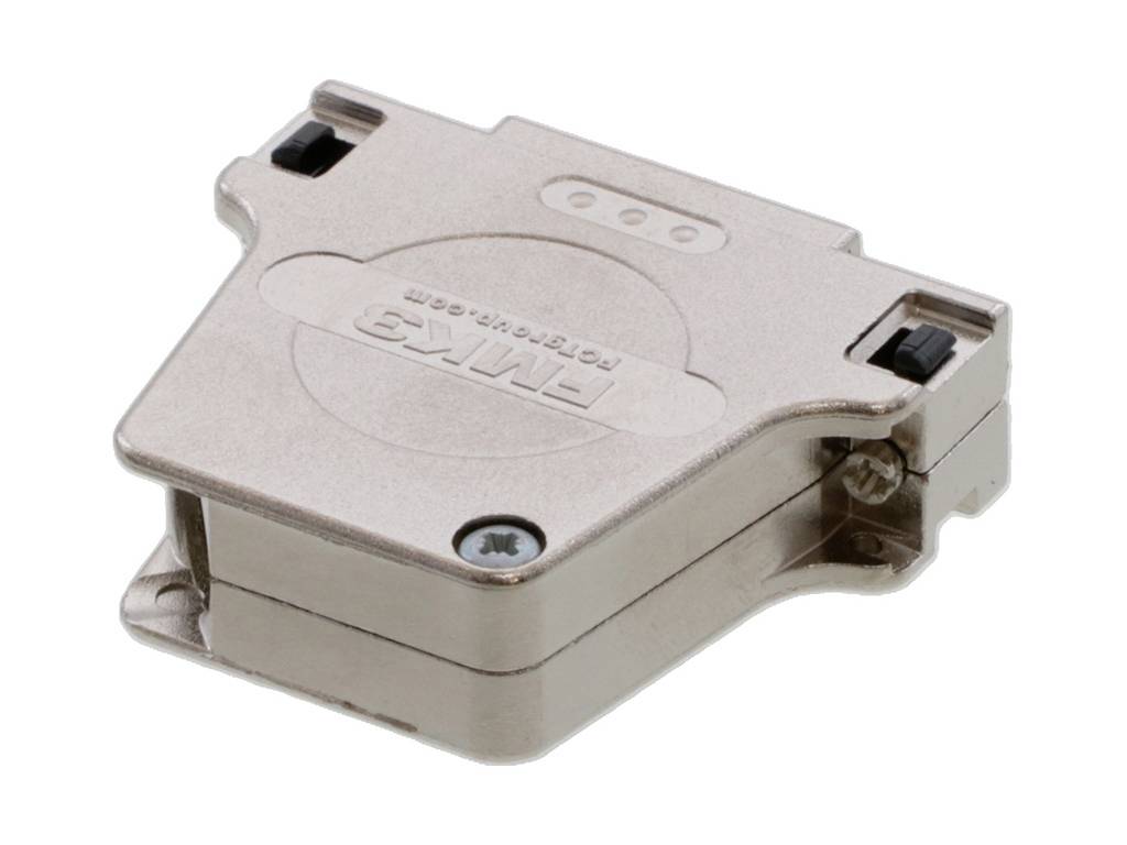 Un boîtier métallique argenté avec des vis, probablement un composant électronique. Face supérieure avec logo en relief et marquage.