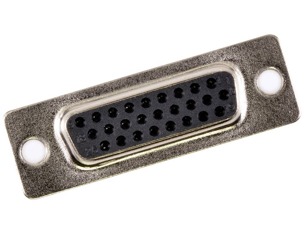 Une fiche de connexion VGA à 15 broches disposées en trois rangées sur une plaque métallique rectangulaire.