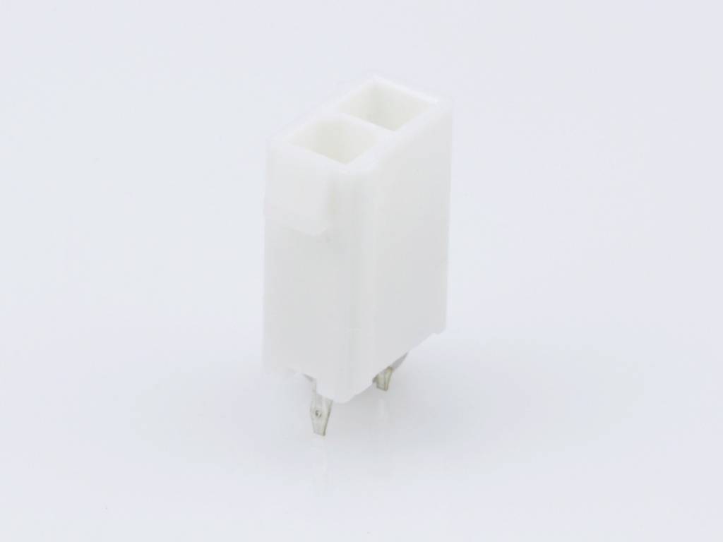 Un connecteur en plastique blanc, rectangulaire, avec deux trous et des broches métalliques courtes.
