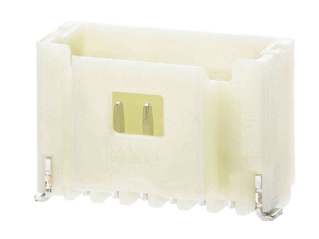Connecteur en plastique avec deux broches métalliques au centre et plusieurs points de connexion sur les côtés, probablement destiné à une connexion électronique.