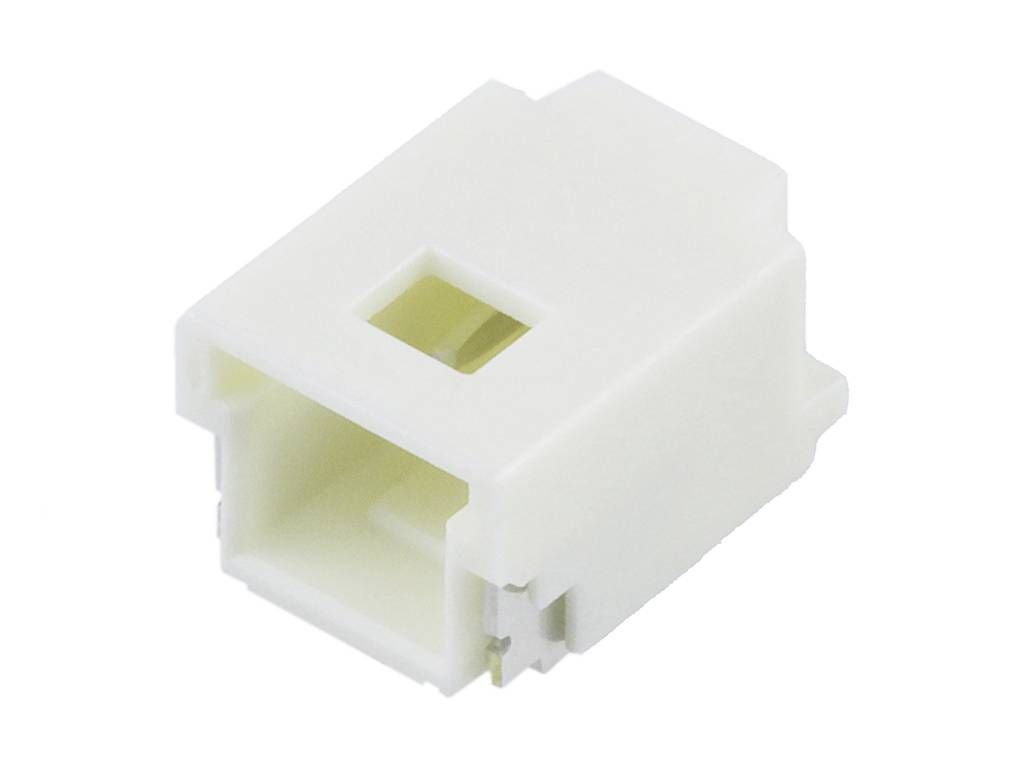 Une prise électrique blanche avec une ouverture rectangulaire et un trou rectangulaire en haut, faisant partie d'un système de connexion.