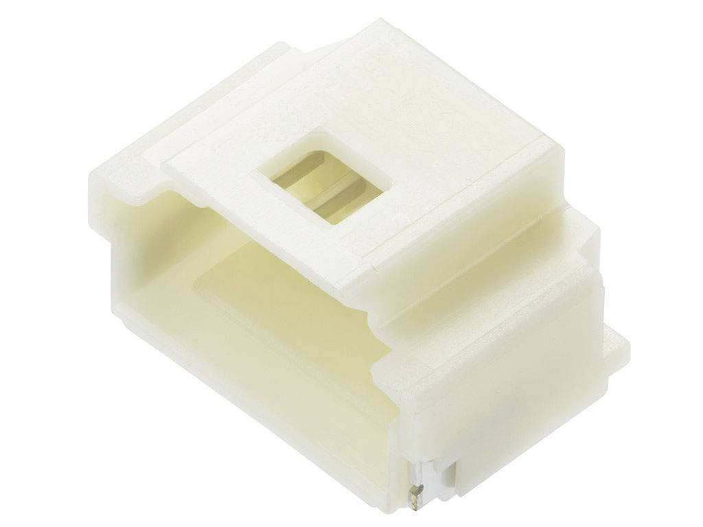 Un connecteur rectangulaire en plastique de couleur crème, avec un trou carré au centre et une ouverture sur le côté.