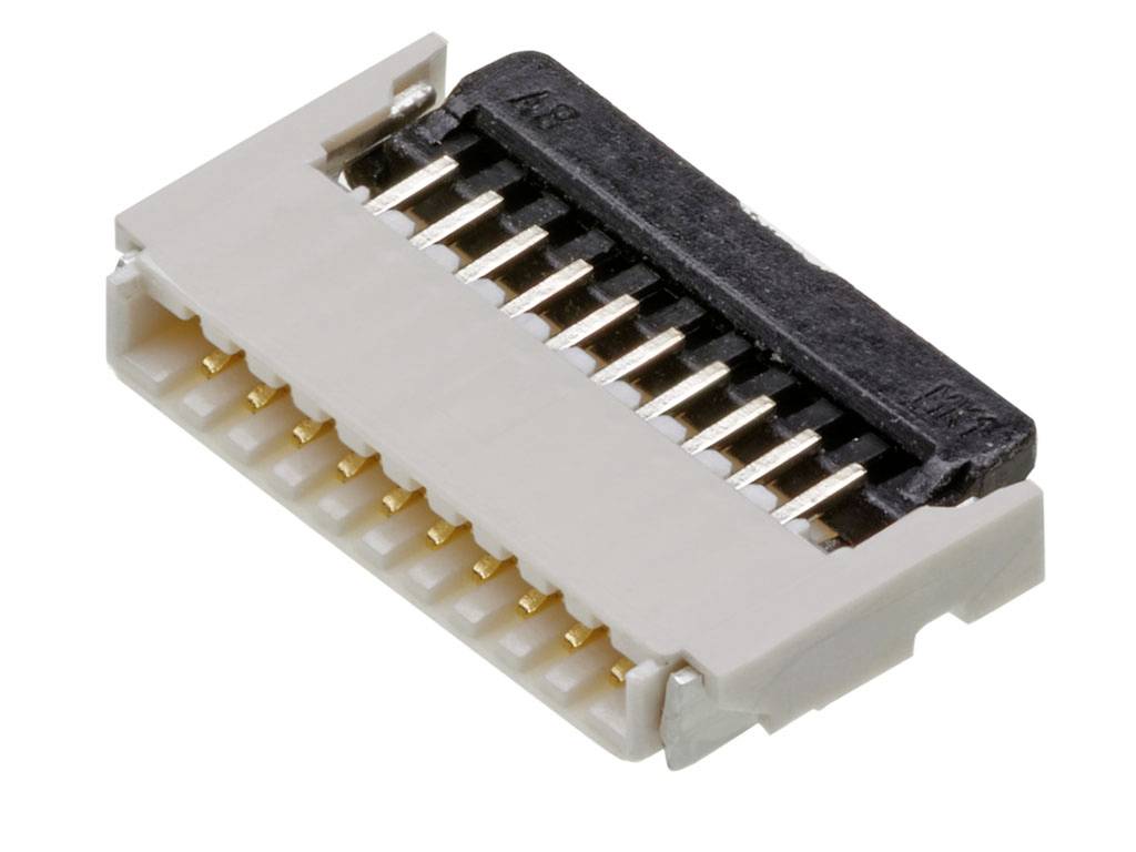 Un connecteur FPC/FFC en plastique blanc et noir à 14 broches, utilisé pour relier des câbles en nappe aux circuits imprimés.