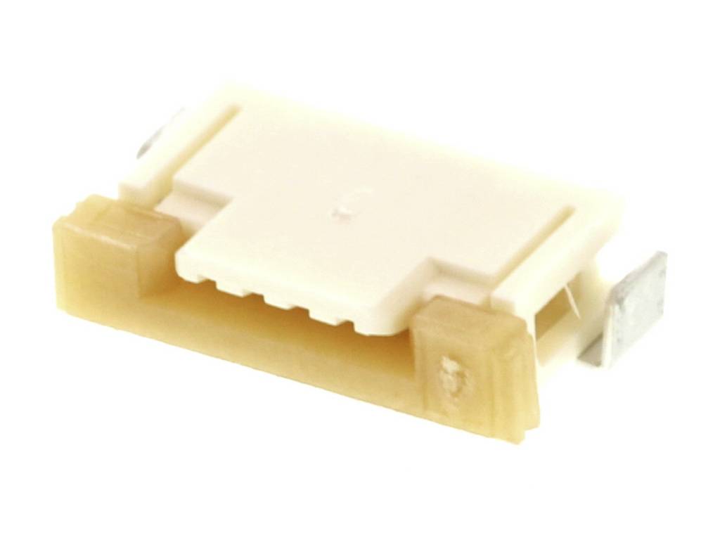 Un petit connecteur rectangulaire en plastique couleur crème, doté de deux contacts métalliques sur les côtés. Adapté pour les connexions électroniques.
