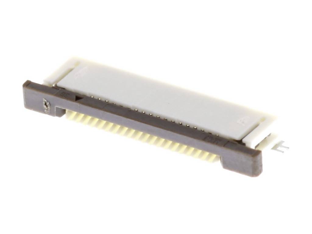 Un connecteur électronique plat, brun, avec des contacts dorés, adapté aux connexions de circuits imprimés.