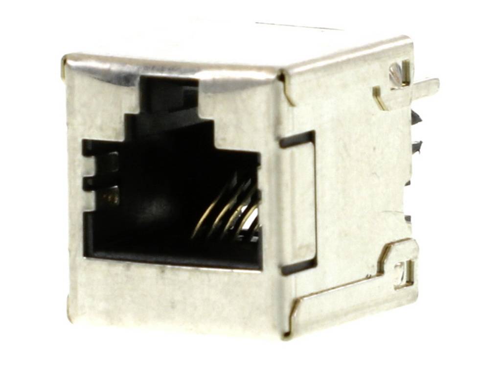 Une seule prise Ethernet, boîtier argenté, rectangulaire. Utilisée pour les connexions réseau, montrant les broches à l'intérieur.