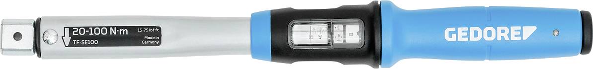 Une clé dynamométrique avec une poignée bleue et un affichage gradué, marquée '20-100 Nm', utilisée pour des applications de serrage de précision.