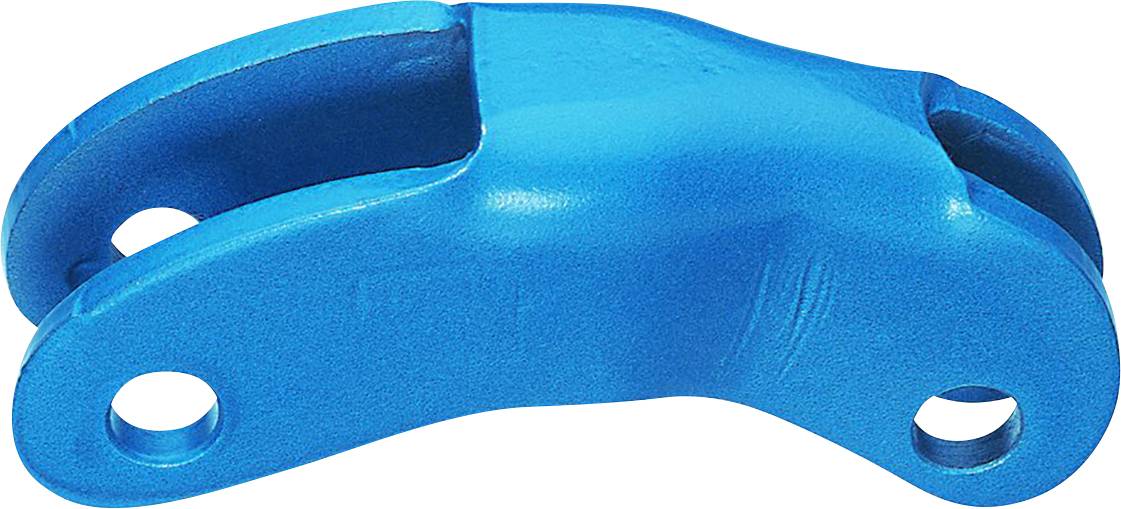 Un élément métallique bleu avec deux trous à chaque extrémité, probablement une pièce d'un système mécanique ou un composant de fixation.