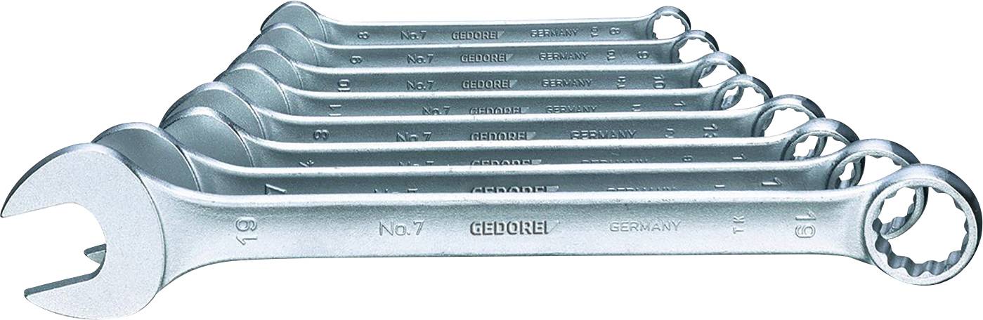 Un ensemble de huit clés à molette en argent, disposées par taille de la plus petite à la plus grande. Chaque clé est marquée 'GERMANY' et de sa taille.