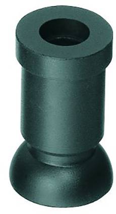 Un bouchon en caoutchouc noir, cylindrique, avec une base large et un trou au centre, utilisé pour l'étanchéité ou la fixation.