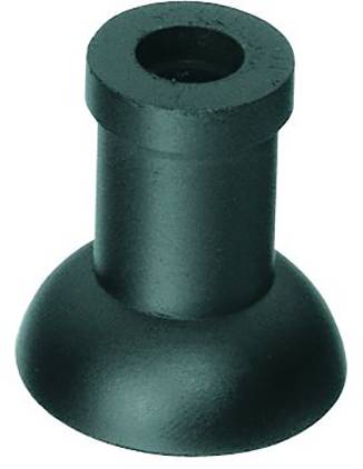 Pied en caoutchouc noir ou butoir de porte, de forme conique avec une surface plate et un trou rond au centre.