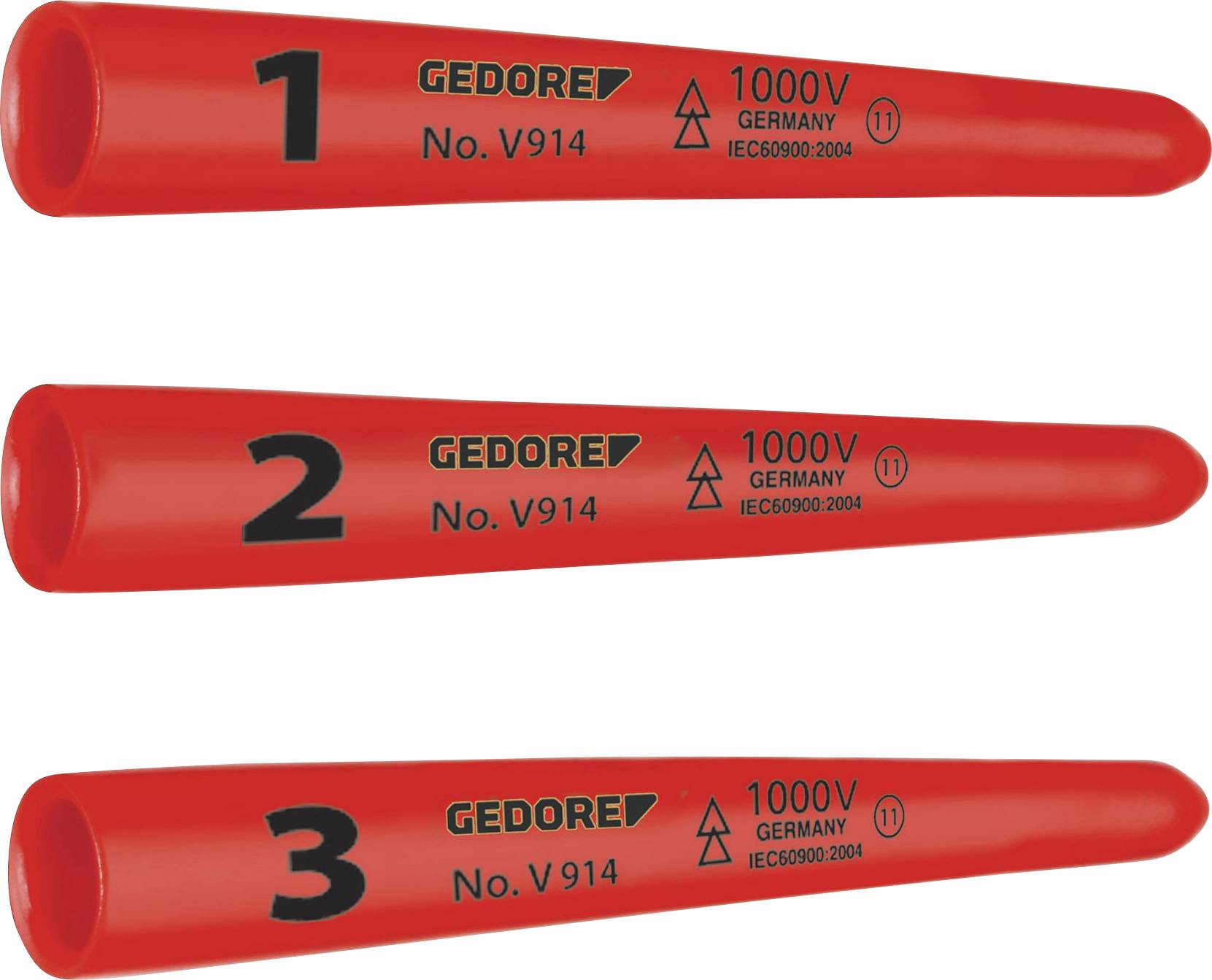 Trois tournevis rouges portant l'inscription 'GEDORE', numérotés de 1 à 3, avec l'indication '1000V GERMANY IEC60900:2004' pour la sécurité électrique.