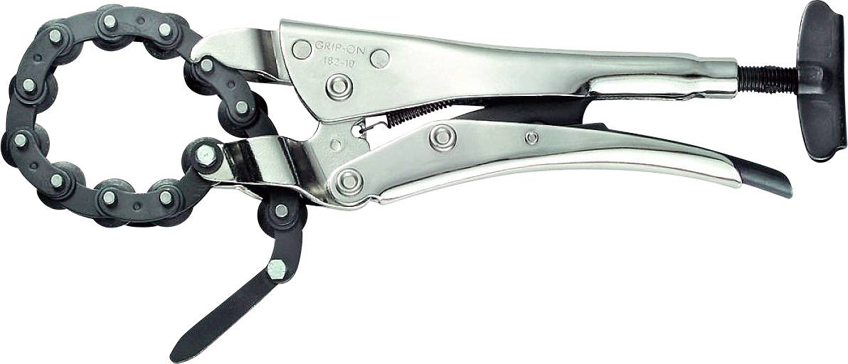 Pince-étau à mécanisme de chaîne, adaptée pour maintenir des objets ronds. Fabriquée en métal avec vis de réglage et levier de déclenchement.