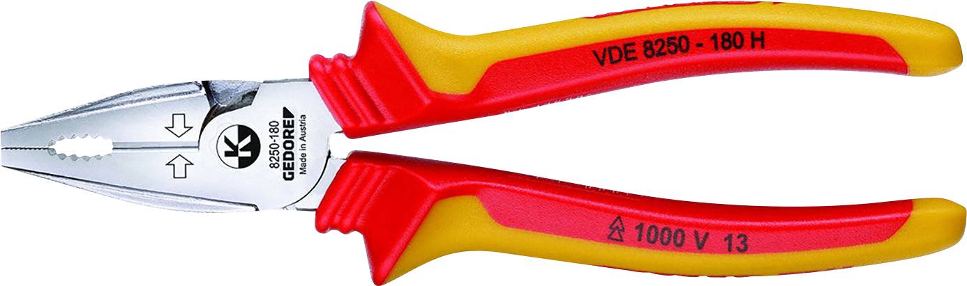 Une pince isolante rouge et jaune portant l'inscription '1000 V', adaptée aux travaux sur des composants sous tension jusqu'à 1000 volts.