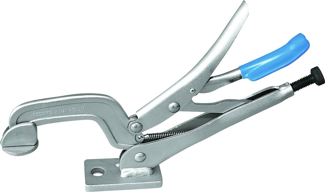 Pince de serrage rapide en métal avec poignée bleue. Adaptée pour un serrage rapide et sécurisé dans les travaux artisanaux ou industriels.