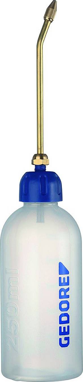 Burette en métal avec un tube coudé et un bouchon à vis bleu, d'une capacité de 250 ml. Marque 'Gedore' sur la bouteille.