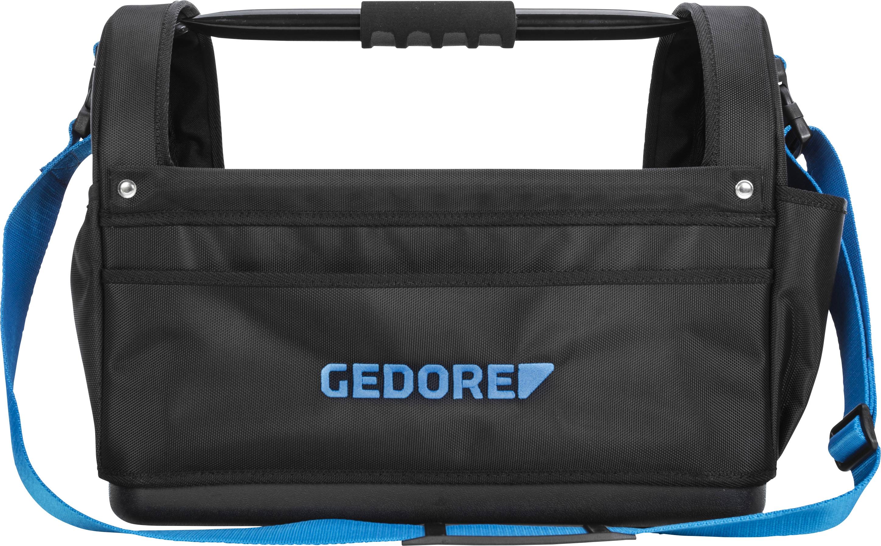 Grand sac à outils noir avec une bandoulière bleue et le logo 'GEDORE' sur la face avant.