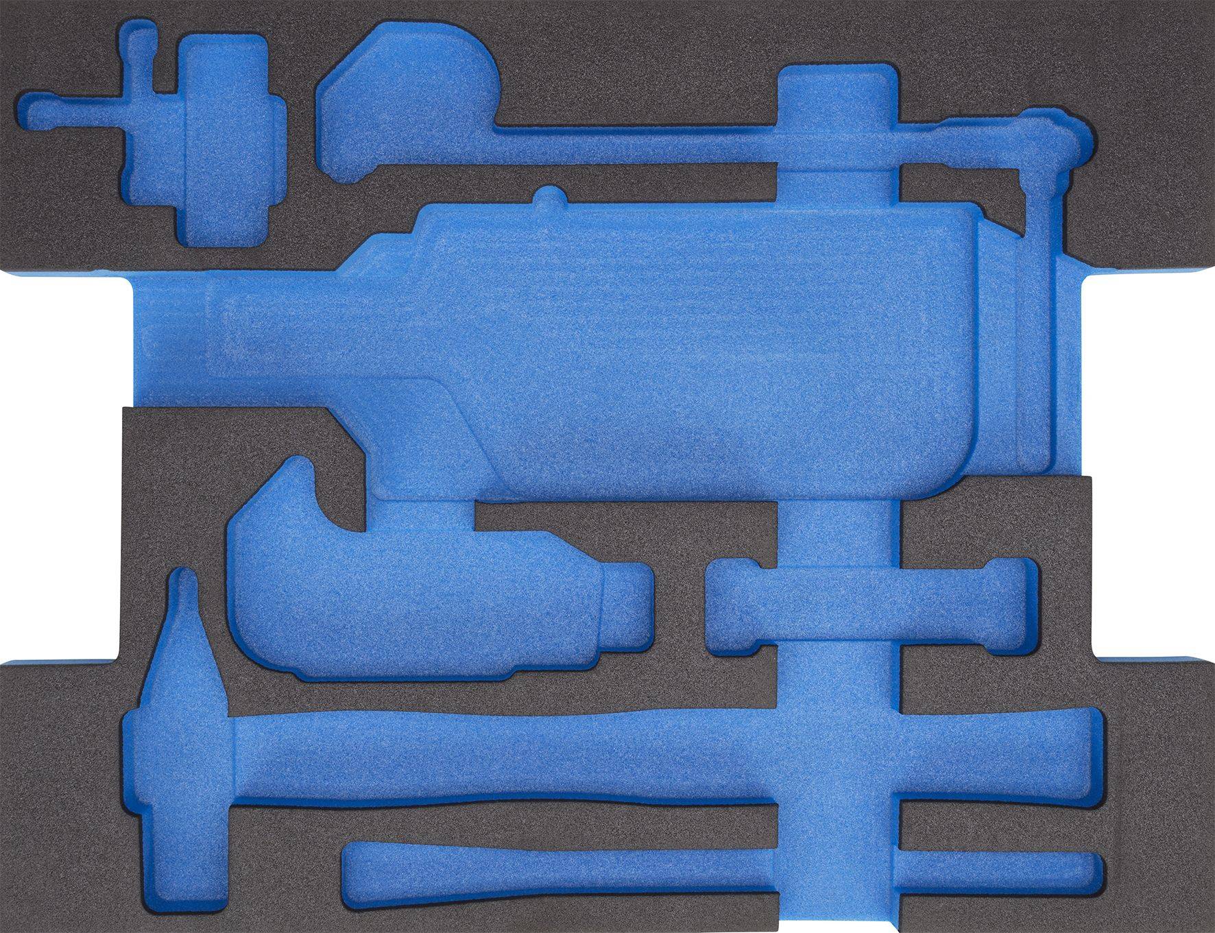 Insertion en mousse bleue dans un coffret à outils, avec les contours de différents outils tels que marteau et clés à molette.