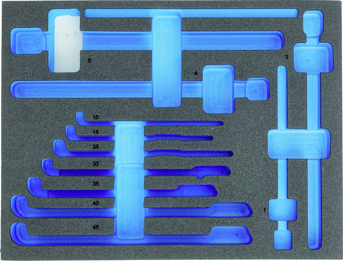 Insertion en mousse avec des découpes bleues pour clés à molette de différentes tailles, numérotées de 3 à 45, dans une valise à outils.