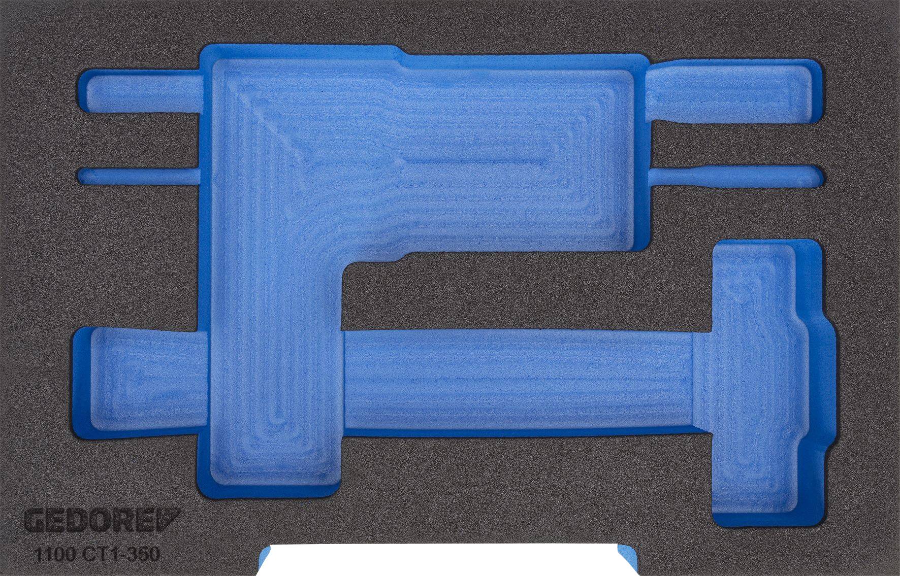 Garniture en mousse avec des découpes bleues pour le rangement des outils dans la valise. Nom de marque 'GEDORE' et numéro de modèle '1100 CT1-350' visibles.