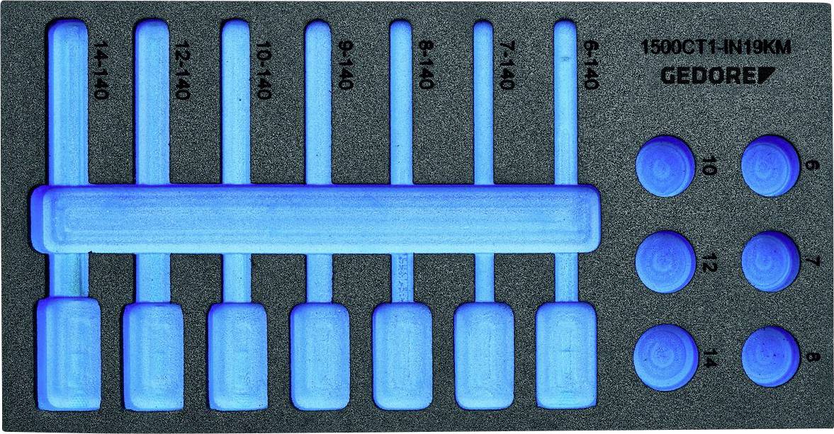 Boîte à outils avec emplacements de rangement éclairés en bleu pour différentes tailles de douilles. Marque 'Gedore'.