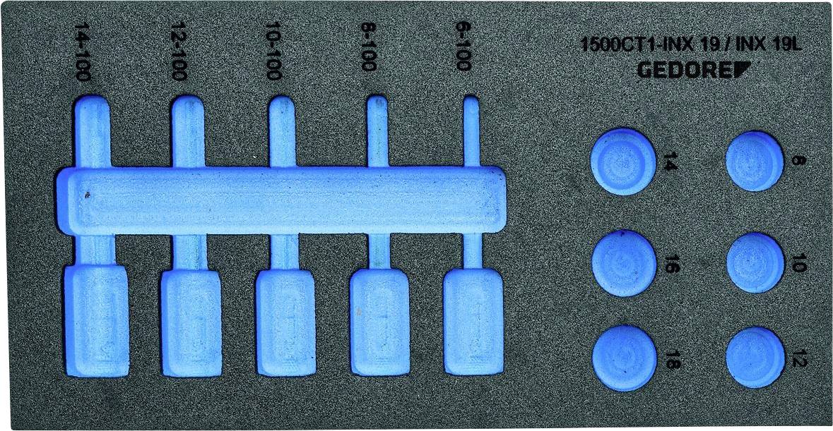 Ensemble de clés à cliquet 'Gedore' avec poignées bleues, disponibles dans différentes tailles de 4 à 14. Six clés à douille et six emplacements de poignée.