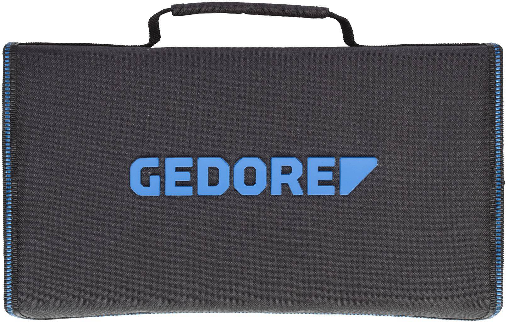 Étui à outils noir avec logo 'GEDORE' bleu imprimé au centre, bordé de coutures bleues, poignée en plastique en haut.